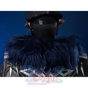 Genshin Impact Il Capitano cosplay jacket back drops dark blue fur collar above silver geometric embroidery on grey fabric.