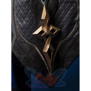 Genshin Impact Il Capitano cosplay panel centers large gold geometric emblem over quilted dark faux-leather texture.