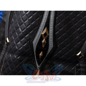 Genshin Impact Il Capitano cosplay garment balances quilted black fabric against grey borders and gold geometric accents.