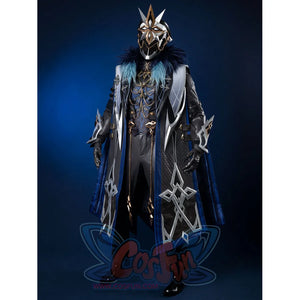 Genshin Impact Il Capitano cosplay coat panels blue fur trim and breast chains alongside segmented hand armor.
