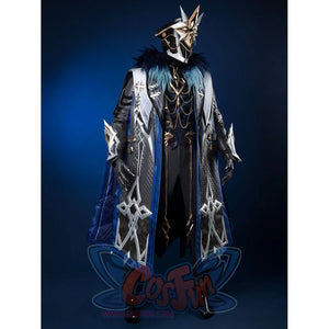 Genshin Impact Il Capitano cosplay outfit centers diamond-patterned coat anchored by fur collar and chain waistcoat.