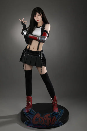 Final Fantasy VII Rebirth Tifa Lockhart cosplay boots frontal view grounds the full outfit from armor plating down to red.