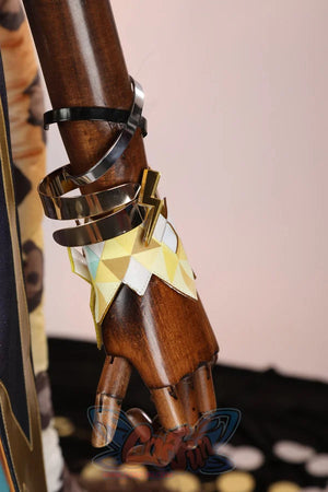 Genshin Impact Xilonen cosplay hand cuffs stack a black ring and two silver wraps over a lightning bolt-patterned fabric.