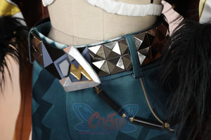 Genshin Impact Xilonen cosplay pants set pairs dark patterned trousers with a wide studded belt and black fur-trimmed.