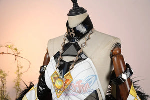 Genshin Impact Xilonen cosplay top frames a cutout chest design with a geometric chain harness and an orange orb pendant.