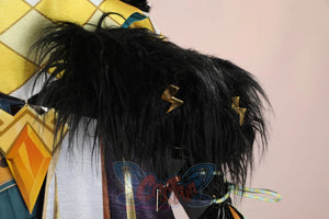 Genshin Impact Xilonen cosplay jacket shoulder piece sets a black fur trim with gold lightning bolt charms and an orange.