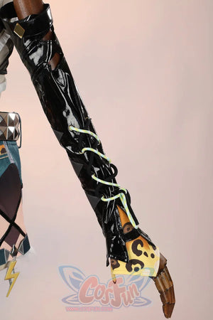 Genshin Impact Xilonen cosplay sleeve traces glossy black fabric with lime-green lacing.