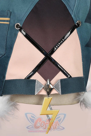 Genshin Impact Xilonen cosplay top layers dark teal fabric over a geometric cutout back panel edged in white fur trim.
