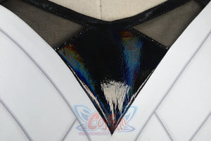Genshin Impact Xilonen cosplay neckline detail pairs black mesh fabric with a holographic panel anchored by white trim.