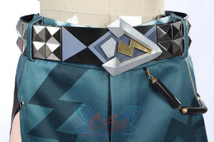 Genshin Impact Xilonen cosplay shorts anchor a geometric gold-trimmed waistband to a studded angular silver belt buckle.