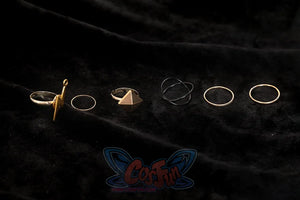 Genshin Impact Xilonen cosplay ring set gathers pyramid-shaped, wire mesh, and band rings in silver and gold tones.