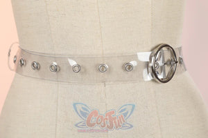 Genshin Impact Xilonen cosplay belt traces a clear PVC strap lined with silver grommets and a single-prong buckle.