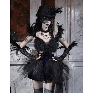 Elegy Day Gothic Feather Rhinestone Velvet Dress