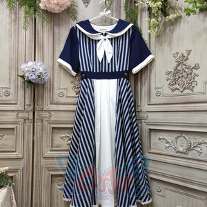 Summer Color Blocking Stripe Short-sleeved Dress - cosfun