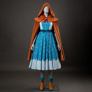COSFUN Stranger Things Season 5 Holly Wheeler cosplay cape layers over a blue dress paired with orange boots.