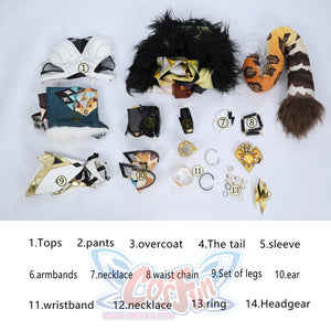 Genshin Impact Xilonen cosplay full set lays out every included piece from top and pants to ears, tail, and headpiece.