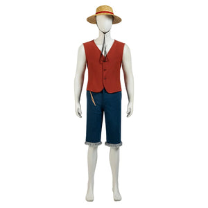 COSFUN Japanese Anime Monkey D. Luffy cosplay costume pairs a straw hat with fringed denim shorts.