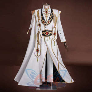 Anime Lelouch cosplay emperor jacket centers a gold eye-motif belt over green beaded tassels.