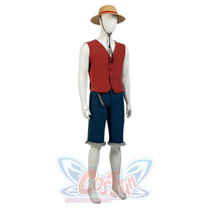 Japanese Anime Monkey D. Luffy cosplay set balances a red vest against blue fringed shorts and straw hat.