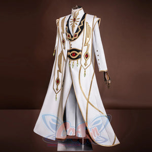 Anime Lelouch cosplay coat layers geometric gold embroidery over a circular belt and red gem accents.