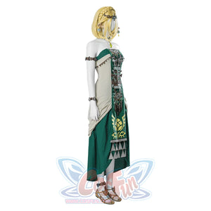 The Legend of Zelda Tears of the Kingdom Princess Zelda cosplay tunic dress centers gold embroidery beside beaded jewelry.