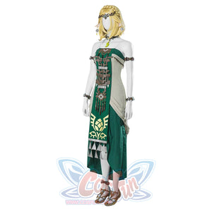 The Legend of Zelda Tears of the Kingdom Princess Zelda cosplay set balances green dress beside golden headpiece accessory.