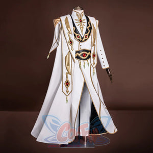 Anime Lelouch cosplay layered outfit centers a red-jeweled collar over a decorative eye-design belt.