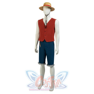Japanese Anime Monkey D. Luffy cosplay outfit layers a red sleeveless vest over white frayed-cuff denim shorts.