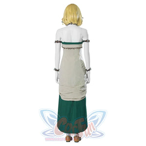 The Legend of Zelda Tears of the Kingdom Princess Zelda cosplay back view traces beige top over teal floor-length skirt.