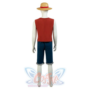 Japanese Anime Monkey D. Luffy cosplay vest traces a center back seam above fringed dark blue shorts.