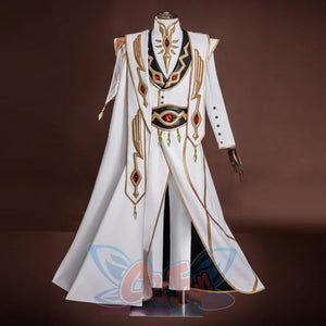 Anime Lelouch cosplay open coat frames a gold-patterned shoulder cloak over a white high-collar undercoat.