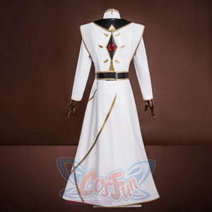 Anime Lelouch cosplay floor-length robe traces a central red jewel with wings along a gold-trimmed hem.