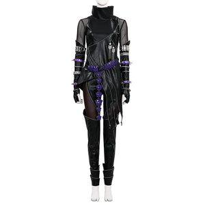 Front view of Mira cosplay costume killer black suit with black pleather top, high collar, mesh details, purple floral belt, arm accessories, tight pants and boots.