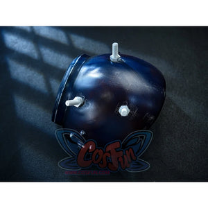 Final Fantasy VII Rebirth FF7R Cloud Strife cosplay helmet prop centers silver bolts across a textured dark navy surface.