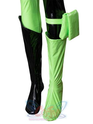Kim Possible Shego cosplay leg accessories layer two-tone boot covers under a green thigh strap and pouch.
