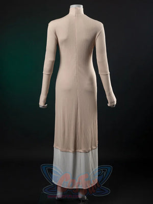 The Acolyte Mon Mothma cosplay dress frames a beige ribbed high-neck long-sleeve silhouette over a white underskirt.