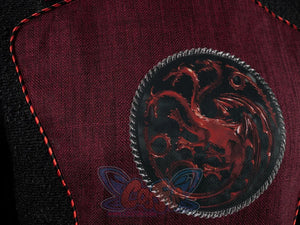 Jacaerys Velaryon cosplay costume centers three-headed dragon disc patch bordered by silver braided cord on burgundy fabric.