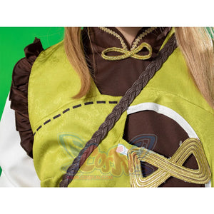 Genshin Impact Yaoyao cosplay top layers green brocade overlay over brown base and traces braided shoulder sash.