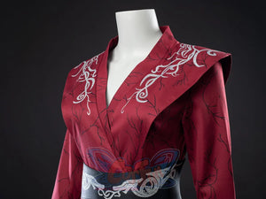 Rhaenyra Targaryen cosplay top centers silver tree embroidery on a maroon surplice and balances a black waistband below.