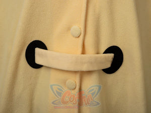 Close-up of cute mouth detail on yellow spark cute cape dress showing playful character design