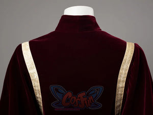 Halloween Padme Amidala cosplay robe traces patterned gold trim along back shoulder seams up to a high collar.