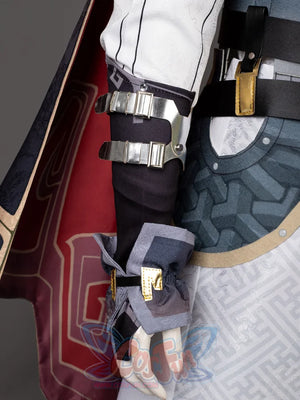 Honkai: Star Rail Jing Yuan cosplay arm guard pairs buckled cuffs and a decorative plate glove with a patterned robe sleeve.