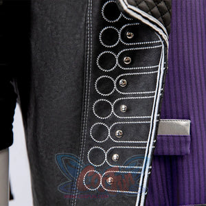 Clair Obscur: Expedition 33 Gustave cosplay jacket pairs studded braiding with purple fabric and silver trim detail.