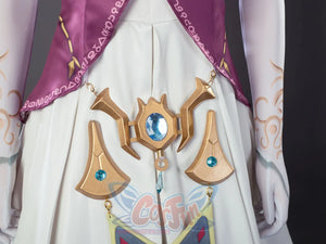 Twilight Princess Zelda cosplay collar layers purple patterned fabric beneath a gold chain and gem accent.