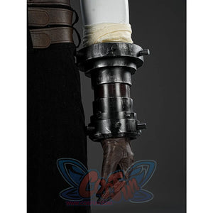 Final Fantasy VII Rebirth FF7R Cloud Strife cosplay gauntlet set layers a weathered metal cuff over brown leather buckle.