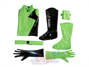 Kim Possible Shego cosplay green accessories set frames a high collar top alongside a glove, boot cover, and belt.
