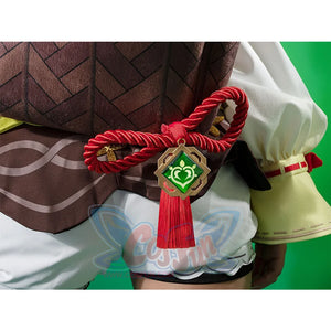 Genshin Impact Yaoyao cosplay vest centers brown patterned panels beside red rope pendant dropping over white shorts.