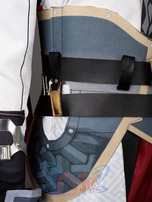 Honkai: Star Rail Jing Yuan cosplay tunic layers blue gold-trimmed overlays above multiple black belts with gold metal.