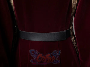 Halloween Padme Amidala cosplay belt centers a plain black leather strap against deep red velvet at the back.