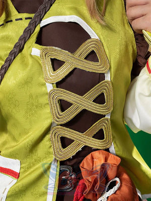 Genshin Impact Yaoyao cosplay tunic pairs lime green and brown panels beside gold braided lacing and orange pouch.